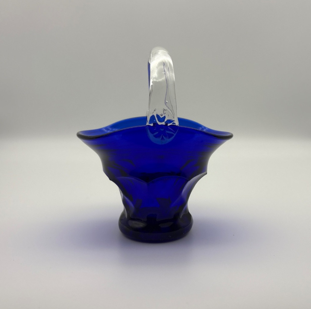 Cobalt Blue Georgian Mosser Glass Basket Applied Clear Handle