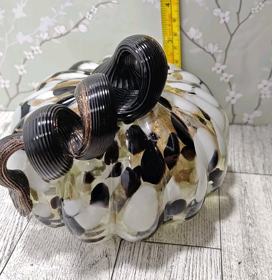 Hand Blown Art Glass Pumpkin Copper Black White Medium Swirl Glitter Decorative