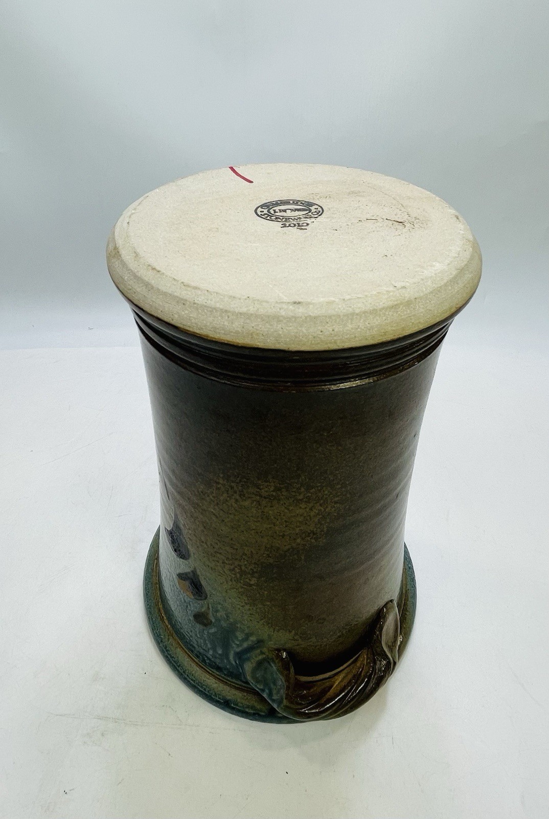 Cambridge Stoneware Co CSC J Rowe Pottery 9″ Tall Vase Crock Handles Blue Brown
