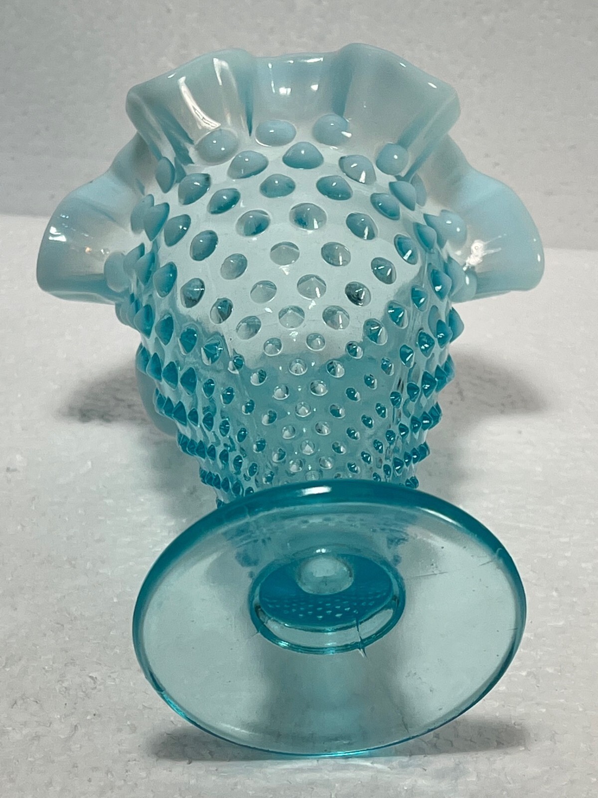 Vintage Fenton Aqua Blue Opalescent Hobnail Vase Ruffled Edge OG56