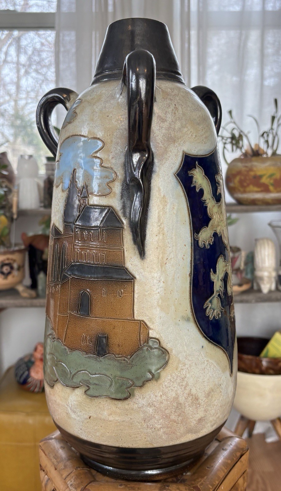 Roger Guerin Luxembourg Castle Lion Crest Salt Glaze Stoneware Art Deco Vase EUC