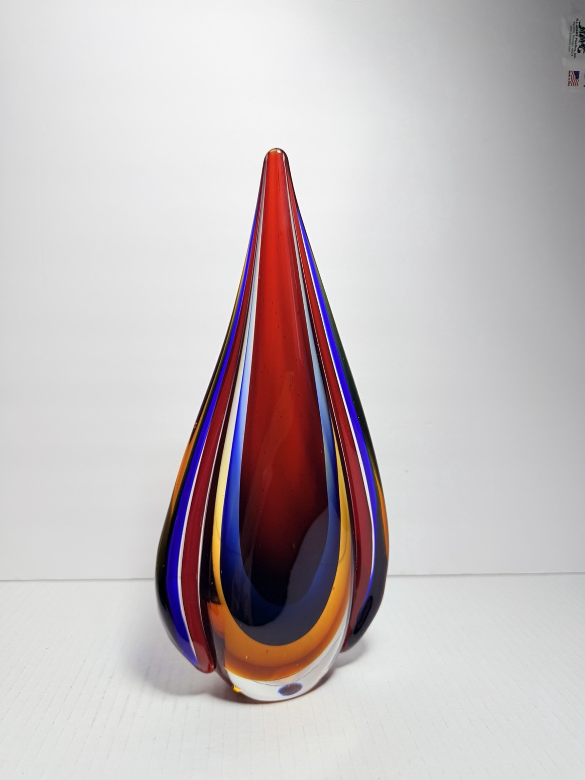 12in Tall Teardrop Art Glass Vase – Red Blue Orange Swirl Decorative Glass
