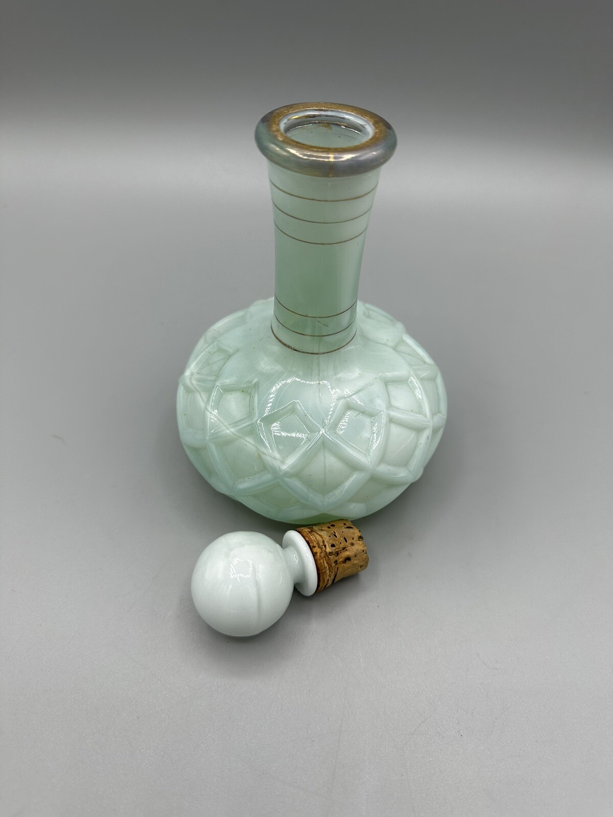 Vintage Mint Green Satin Glass Perfume Bottle Diamond Optic Stopper