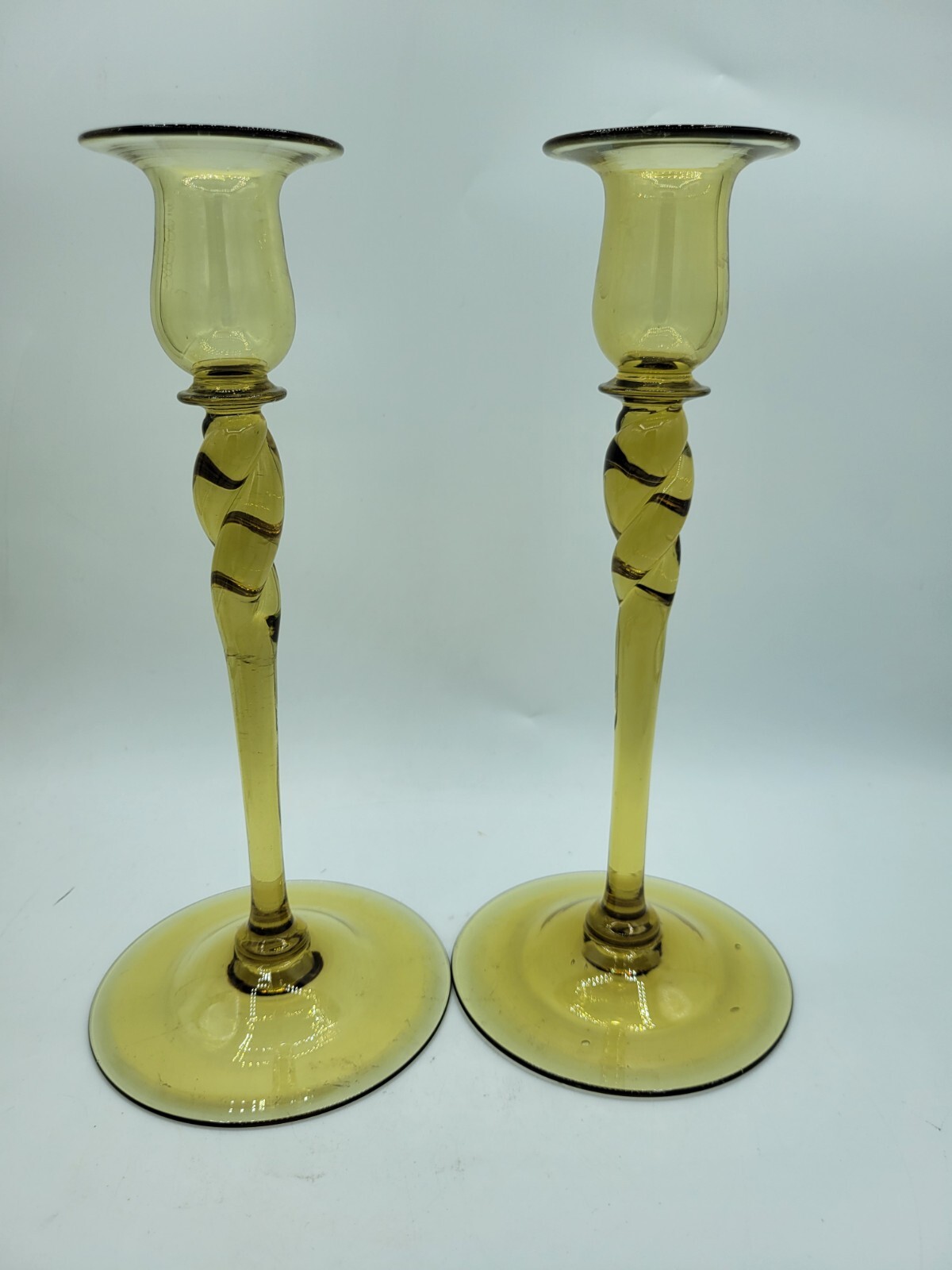 Antique (2) Steuben Art Glass Amber Yellow Green 10″ Twist Candlesticks 1#