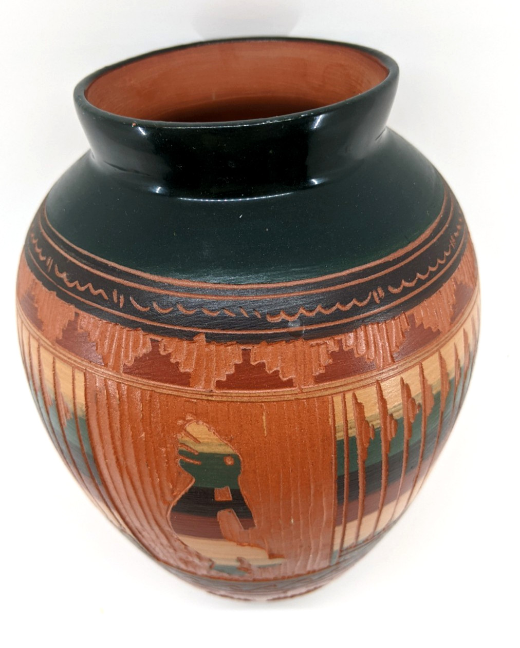 Native American Navajo, Hand Carved Pottery Vase, Kokopelli, Illegible Signature