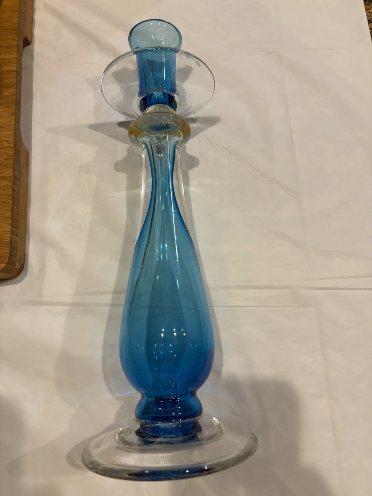 Vintage MCM Peacock Aqua Blue Glass Art Glass Maybe Candle Holder Hand Blown