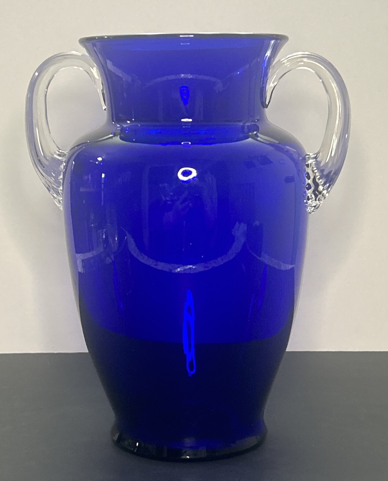Vintage Louie Cobalt Blue Line 20 Clear Applied Handle 9.75″ Vase ~ READ~