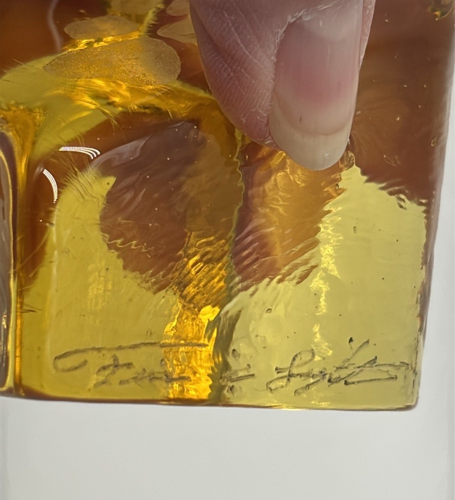 FIRE & LIGHT Citrus Yellow Recycled Glass Heart Paper Weight Etched Paw Print