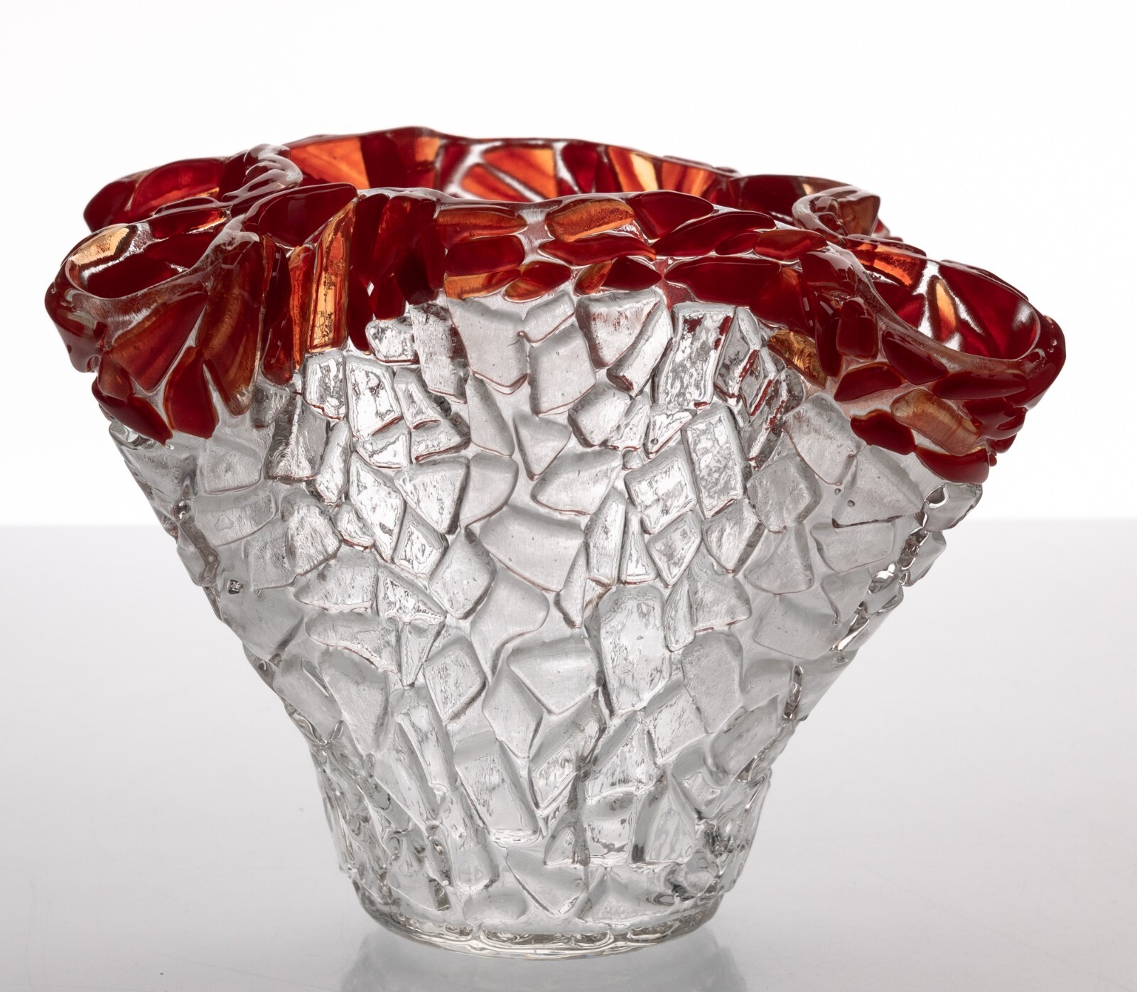 Fused Ice Glass Ruby Rim Clear Handkerchief Vase Crackle Unique 5.5x8in 2lbs