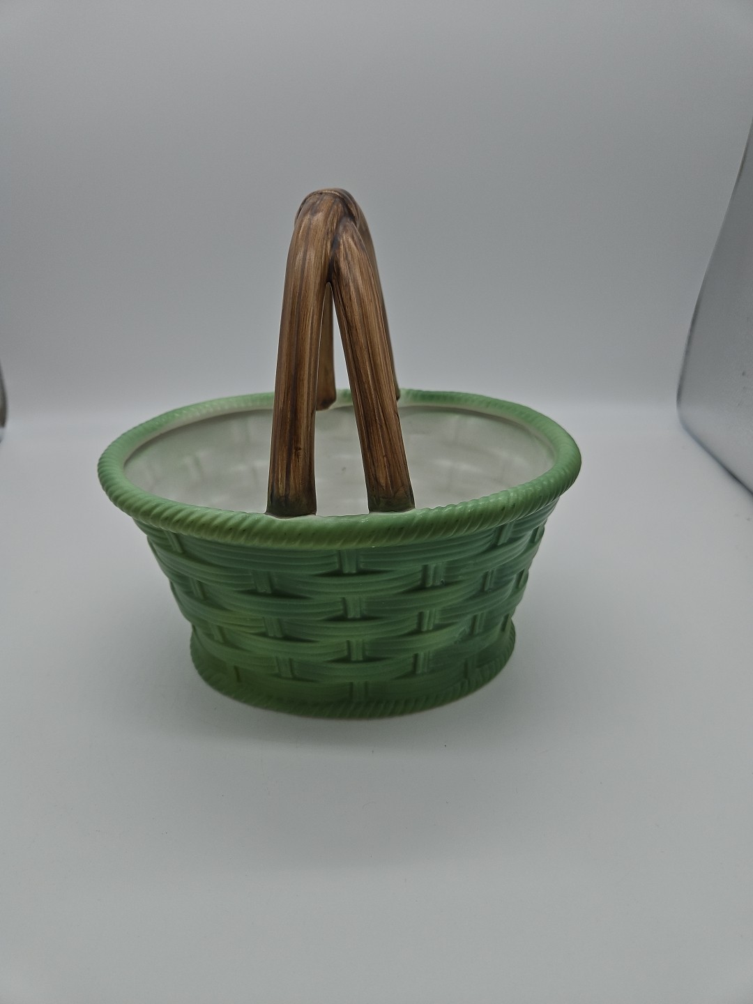 Vintage Porcelain Green Basket With Brown Porcelain Handle