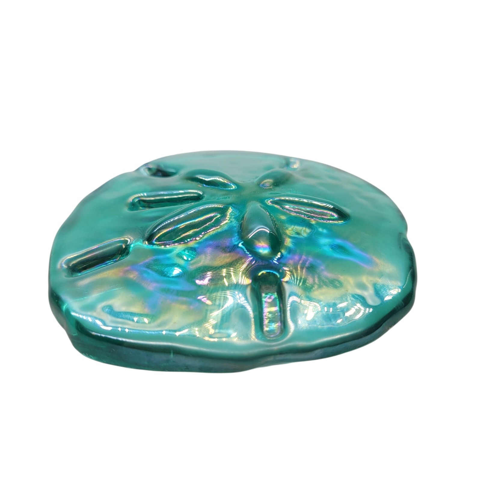 Vintage Sand Dollar Paperweight Iridescent Green Luster Art Glass Coastal Decor