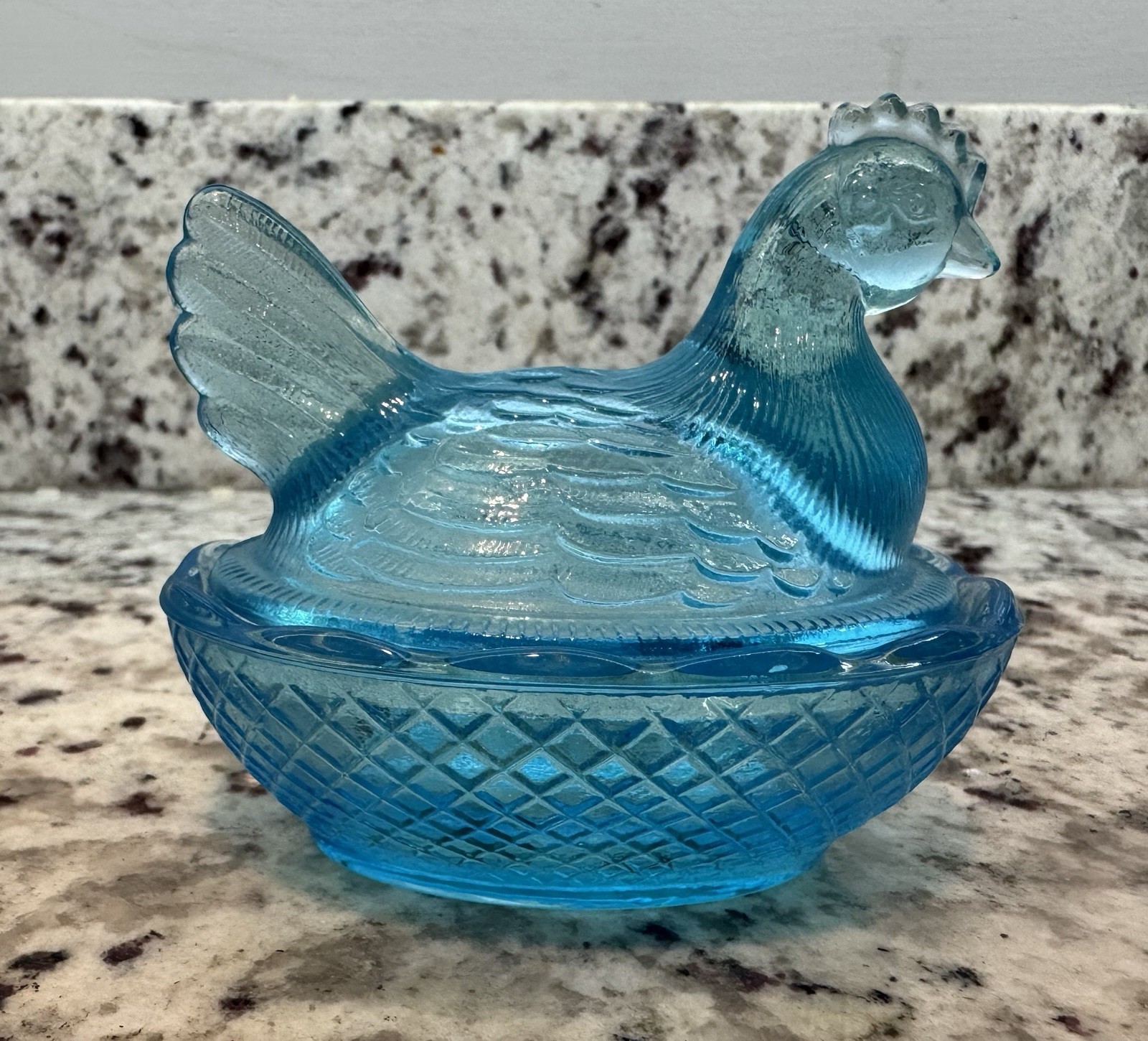 Vintage L.E. Smith Hen on a Nest Aqua Blue Glass Miniature 3 1/2″