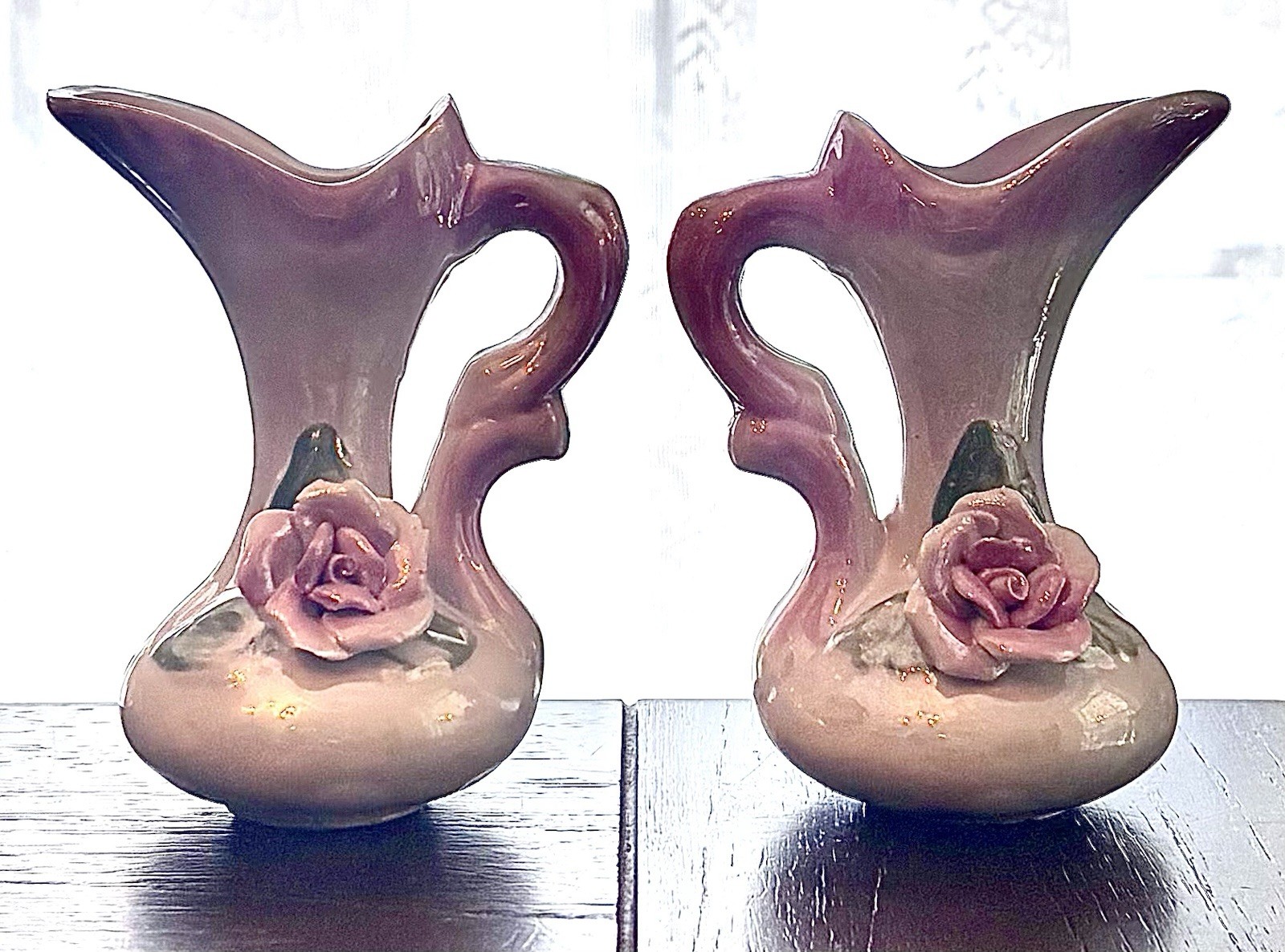 Set of 2 Ceramic Vase Pink White Green Floral Rose Design Decorative Accent