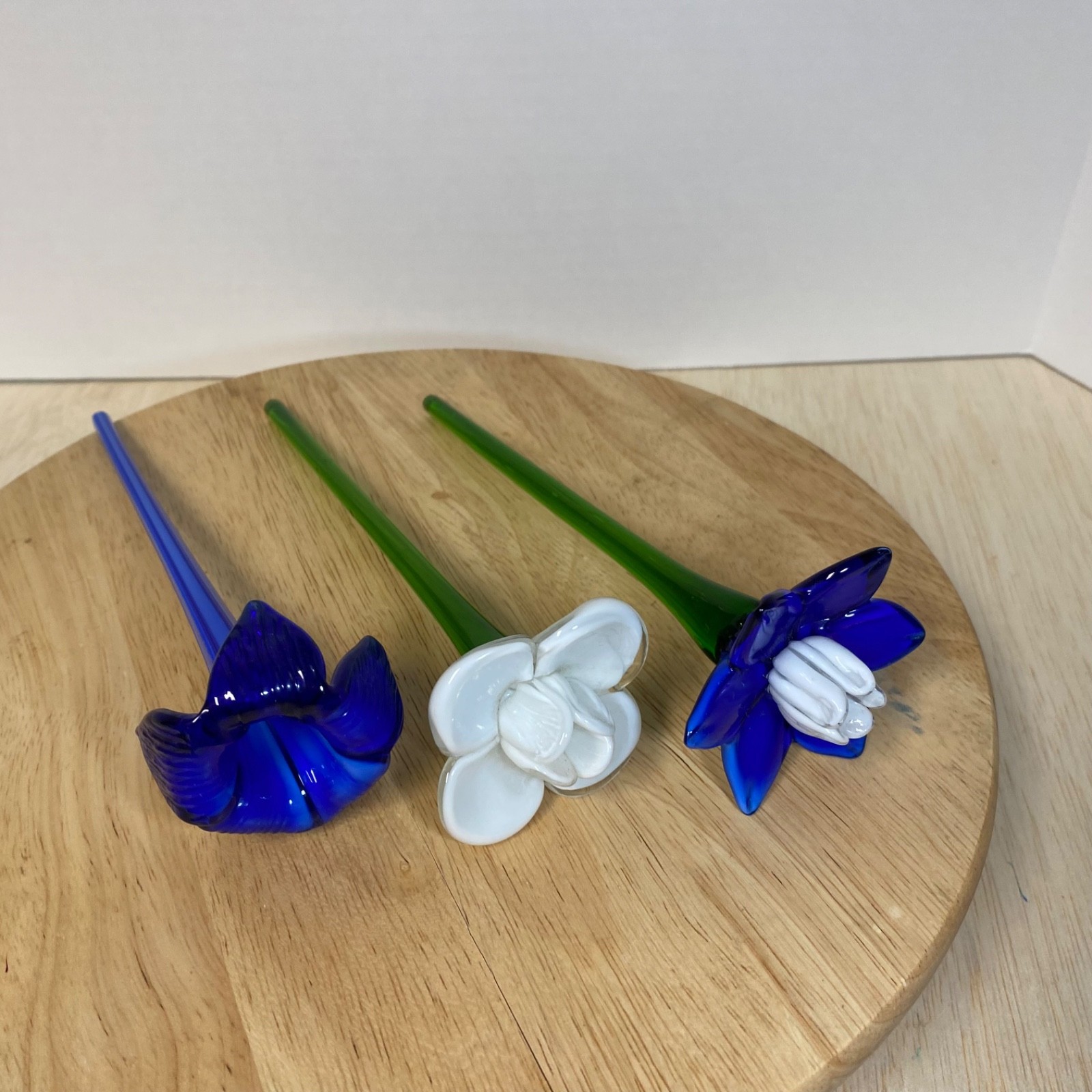Three Art Glass Blue And White Flowers 8″ Long Different Styles • Gorgeous!
