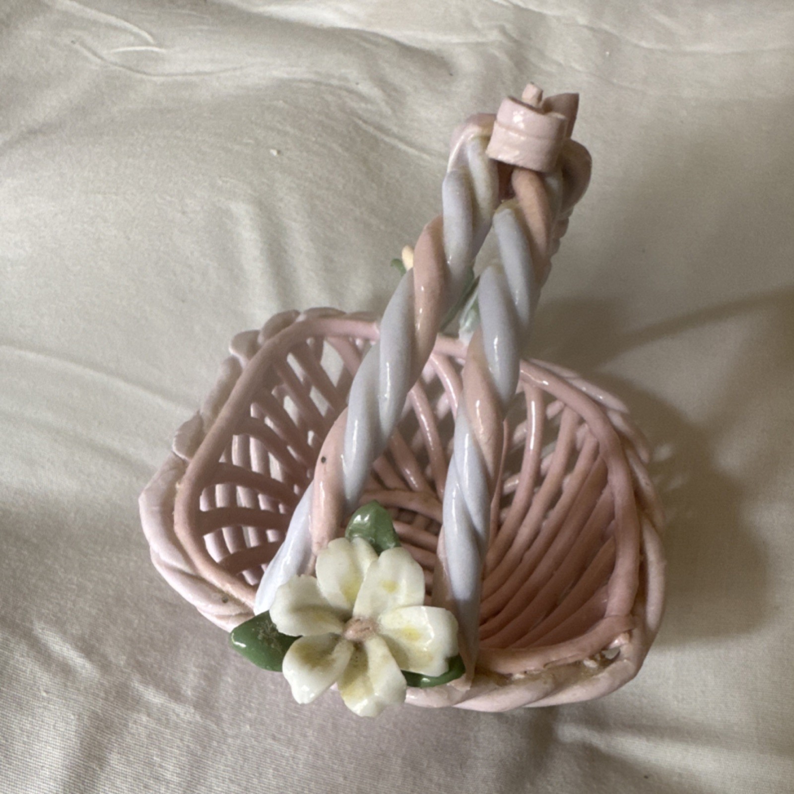 Pink Ceramic Floral Decorative Basket Hand Painted Oval with Handle