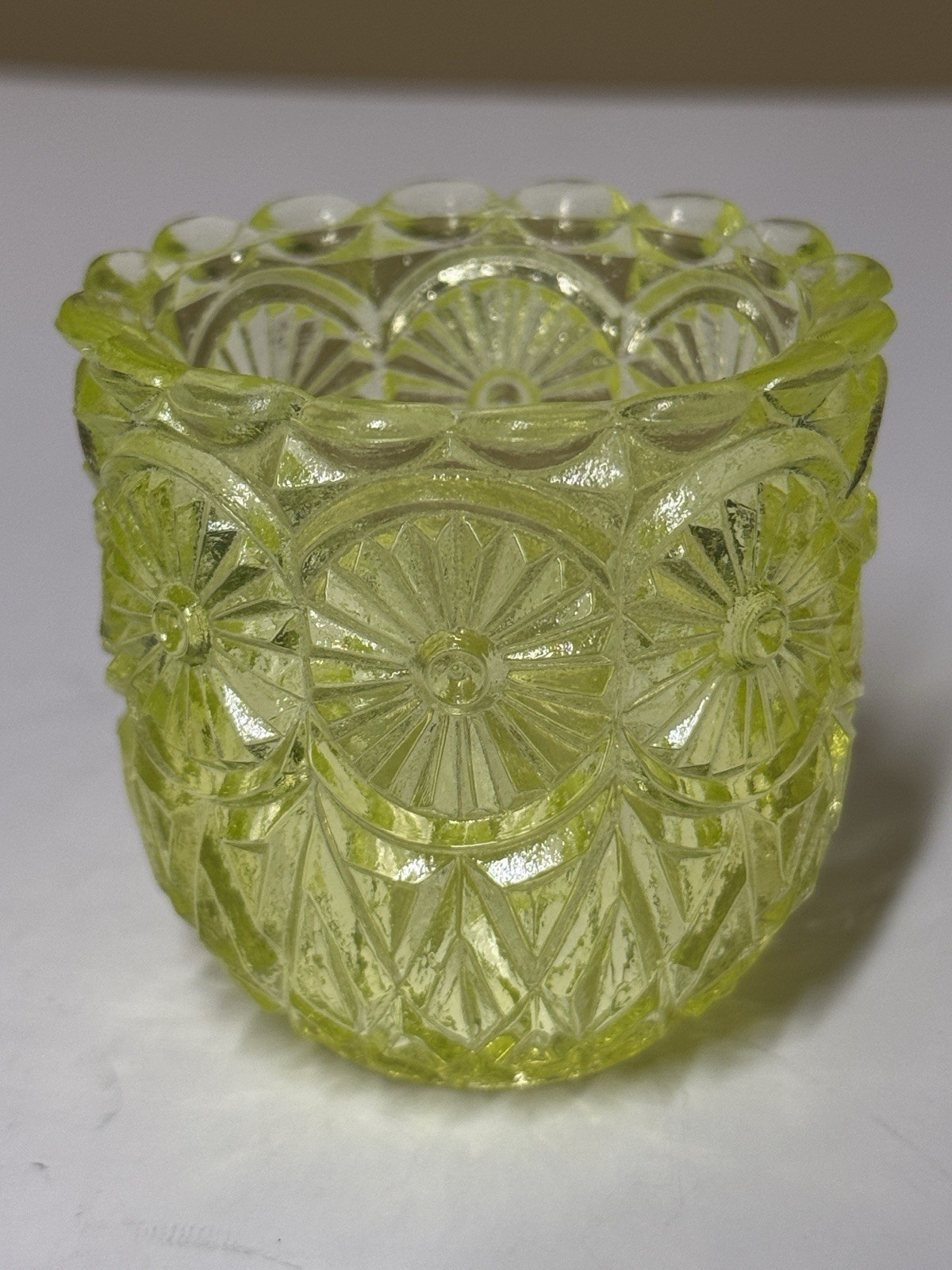 Faroy Toothpick Holder/Votive Yellow Vaseline Uranium Glass Glows USA