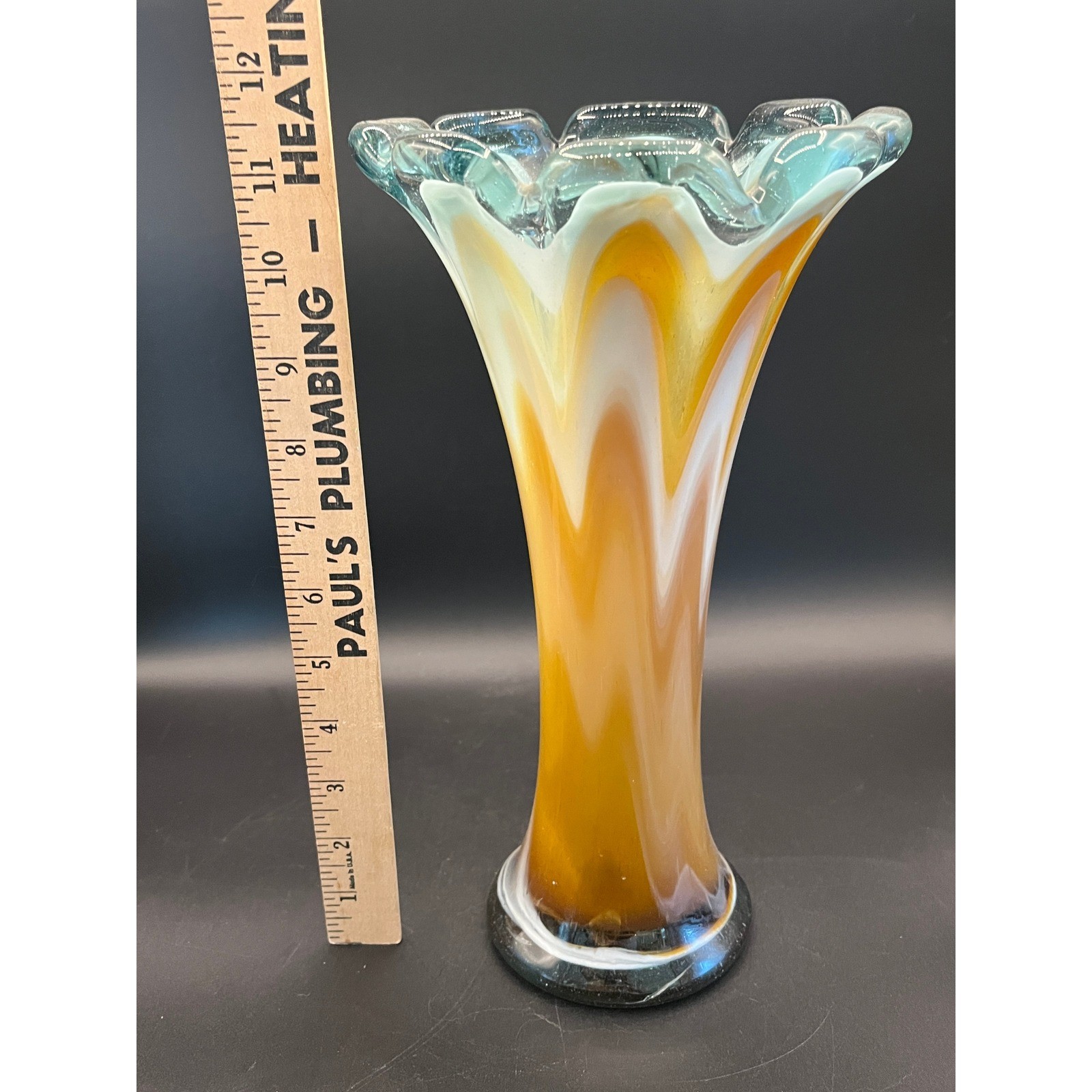 Vtg Vase Hand Blown Murano-Style 1960s Glass 11.5″ Tall Brown MCM Bubble Decor
