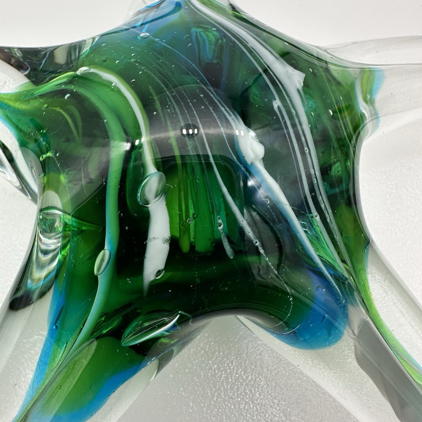 Vtg Murano Style Art Glass Starfish Paperweight Swirled Green/white/Blue Mint