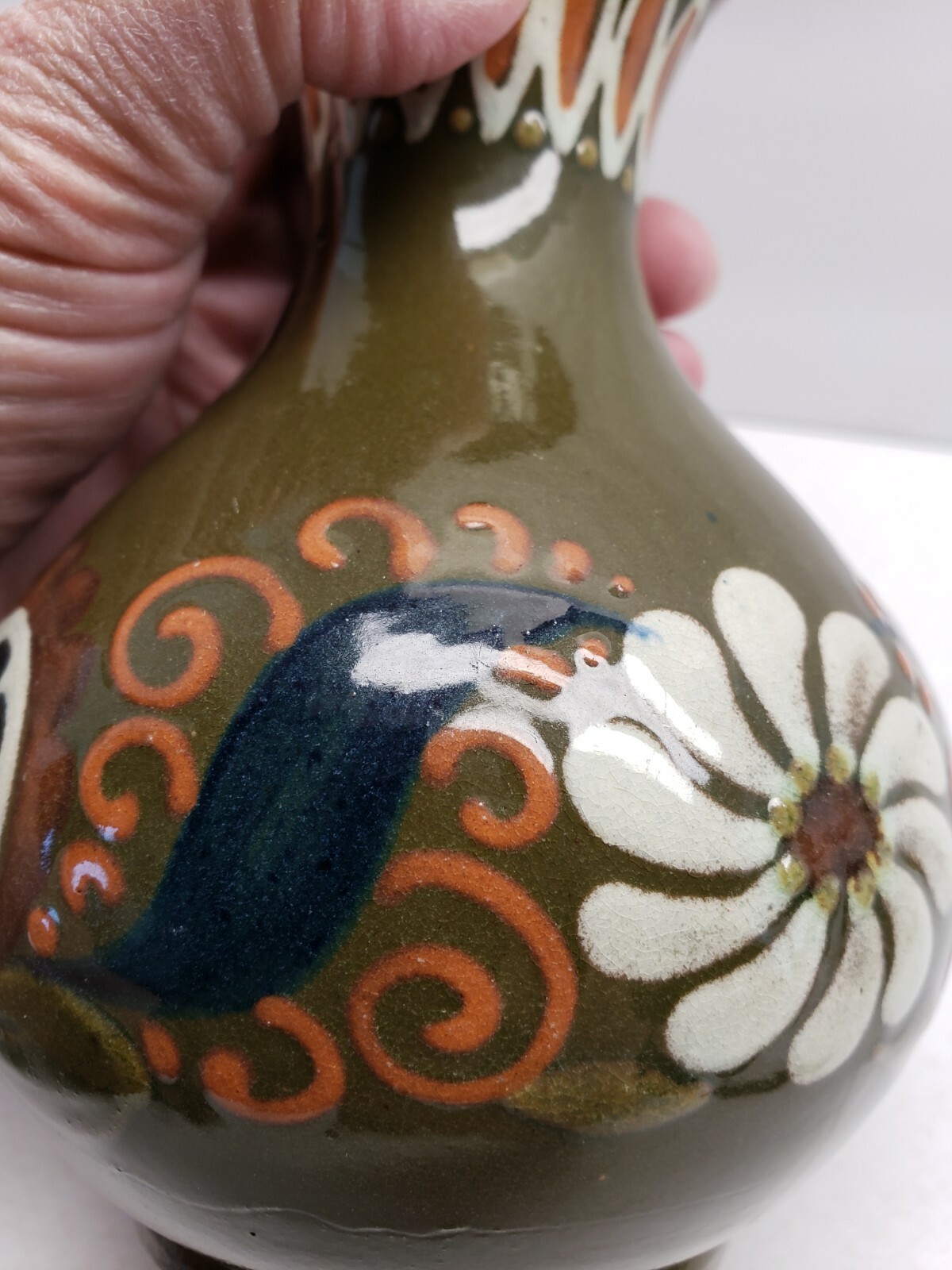 Folk Art Redware Pottery Vase Hand Painted Avocado Floral Design Vtg Boho