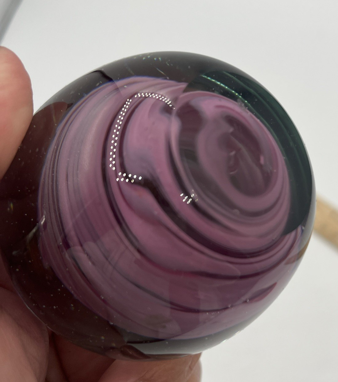 Vintage Pink/Purple Swirl Paperweight Hand Blown Art Glass 2 7/8″ Tall