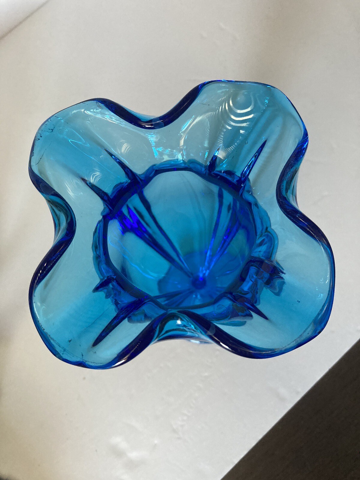 Vintage Optic Rib Blue Blown Glass Vase Four Edge Turnip Ruffled Edge 9 Inches