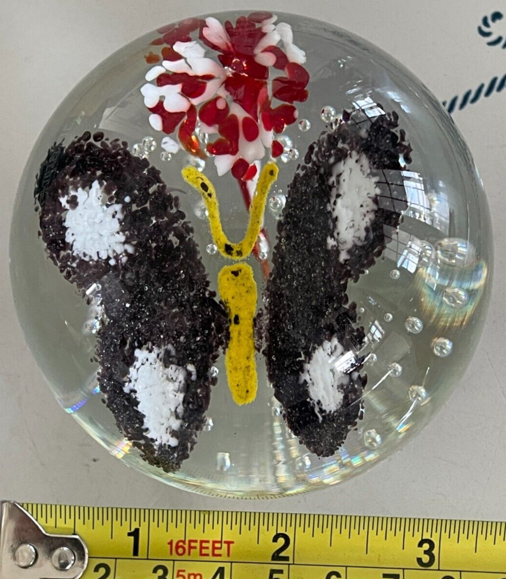 Gentile Glass Purple Butterfly And Flower Paperweight With Controlled Bubbles