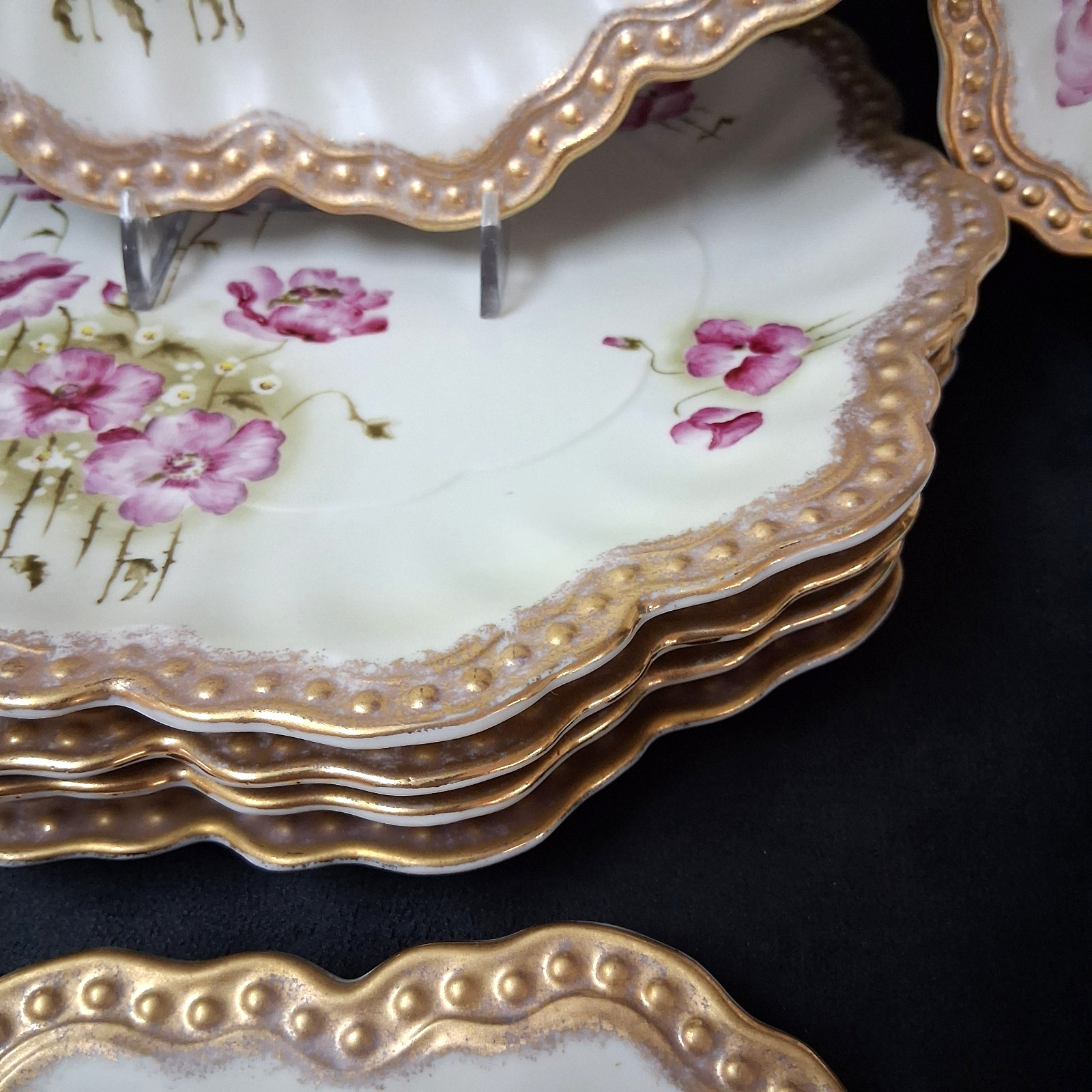 10 (Ten) A L Lanternier Limoges France (?) POPPY GILDED Plates Set 9 1/2 Inches