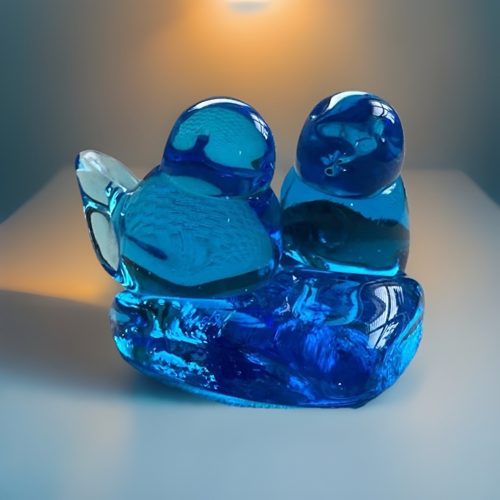 Vintage Leo Ward 1987 Blue Bird of Happiness Glass Love Birds On A Heart Signed