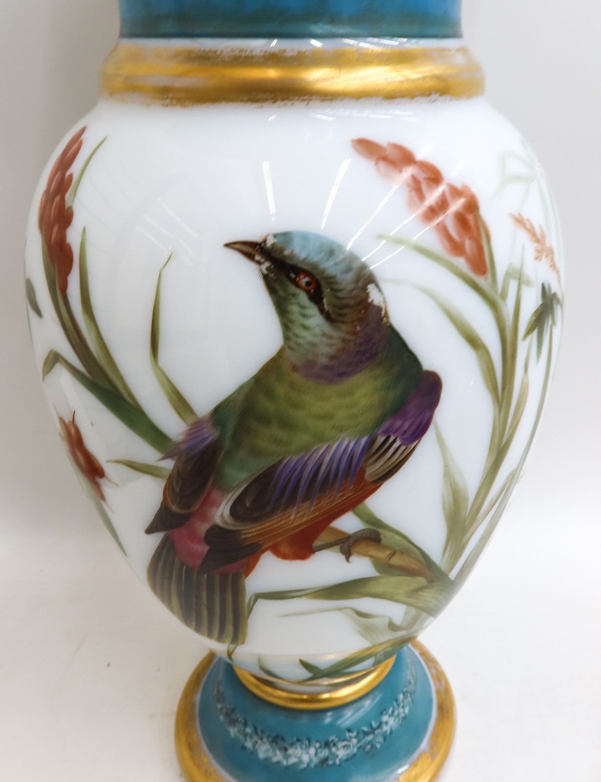 Baccarat French White Opaline Glass Hand Painted Swallows Birds Vase c1900