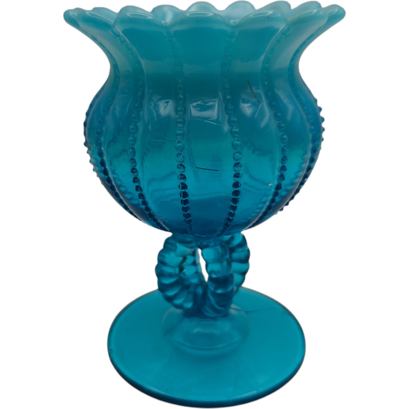 Northwood Blue Opalescent Dugan Rose Bowl Vase Beaded Panels READ