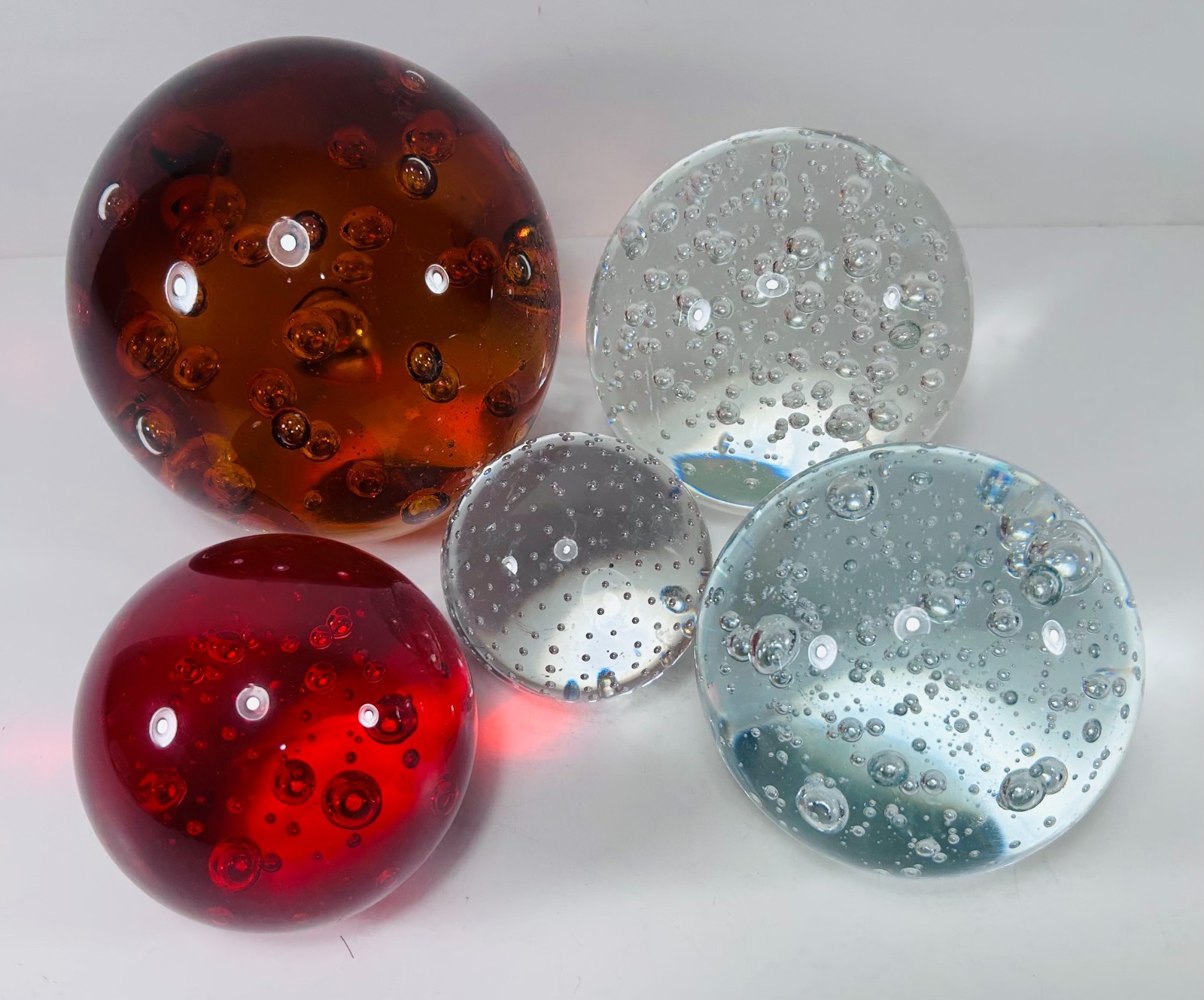 (5) Vintage Art Glass Bubbles Paperweight Amber /Clear / Red (10 lbs)