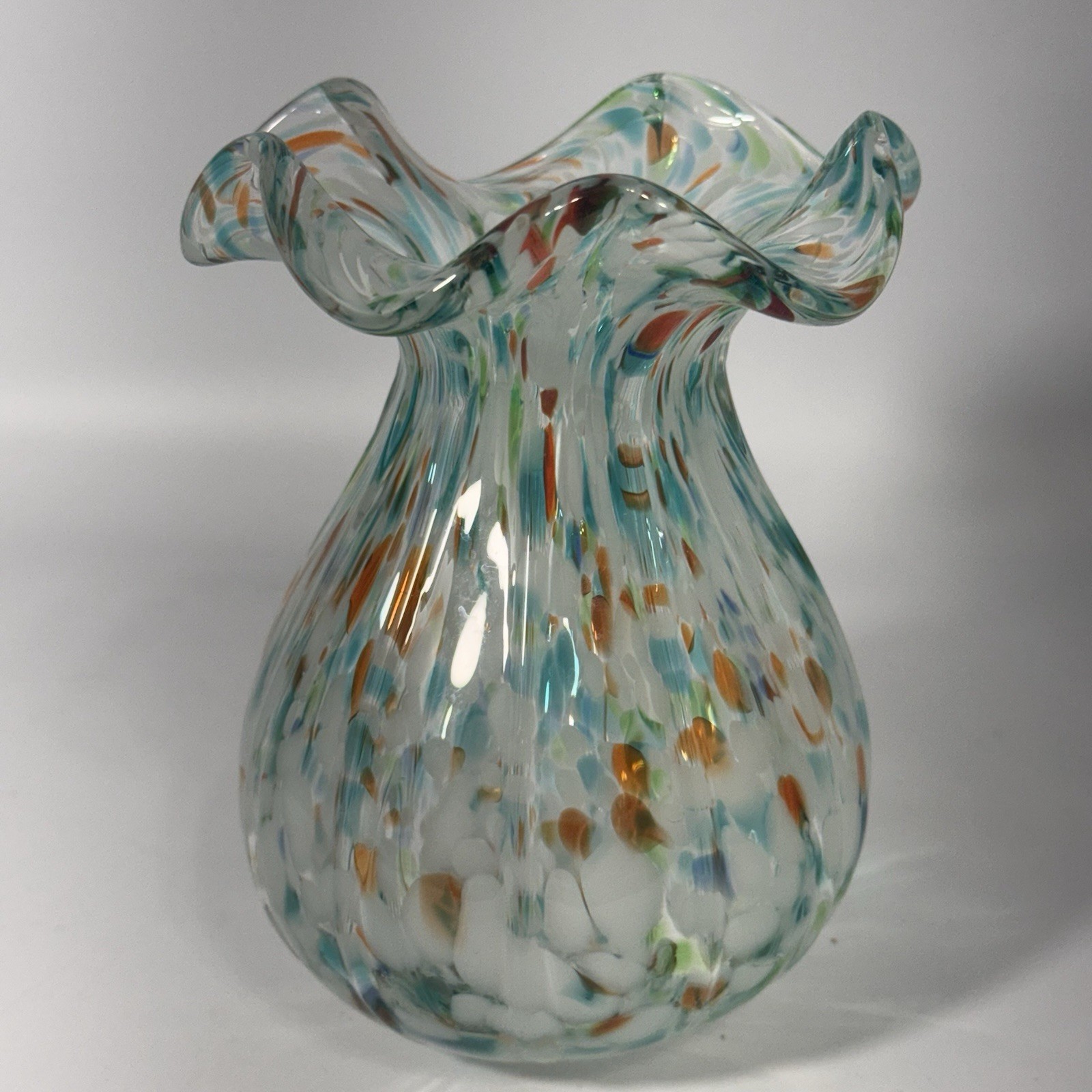 Vintage Italian Art Glass Vase Confetti Speckled Pattern With Ruffle Edge 8″
