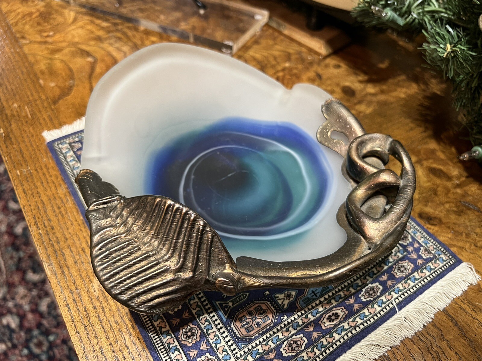 Rare FILIP RAVERT Ashtray Art Nouveau Blown Glass Metal Overlay Signed Vintage
