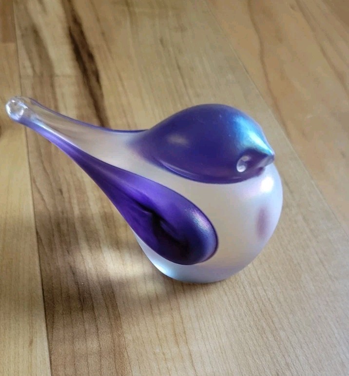 Zellique Frosted Art Glass Paperweight Iridescent Blue Bird Heart Signed