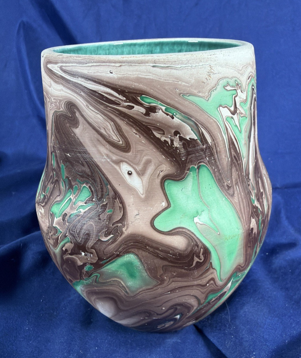Vtg Garden of the Gods Pottery Vase Green Brown Swirl Colorado Handmade Nemadji