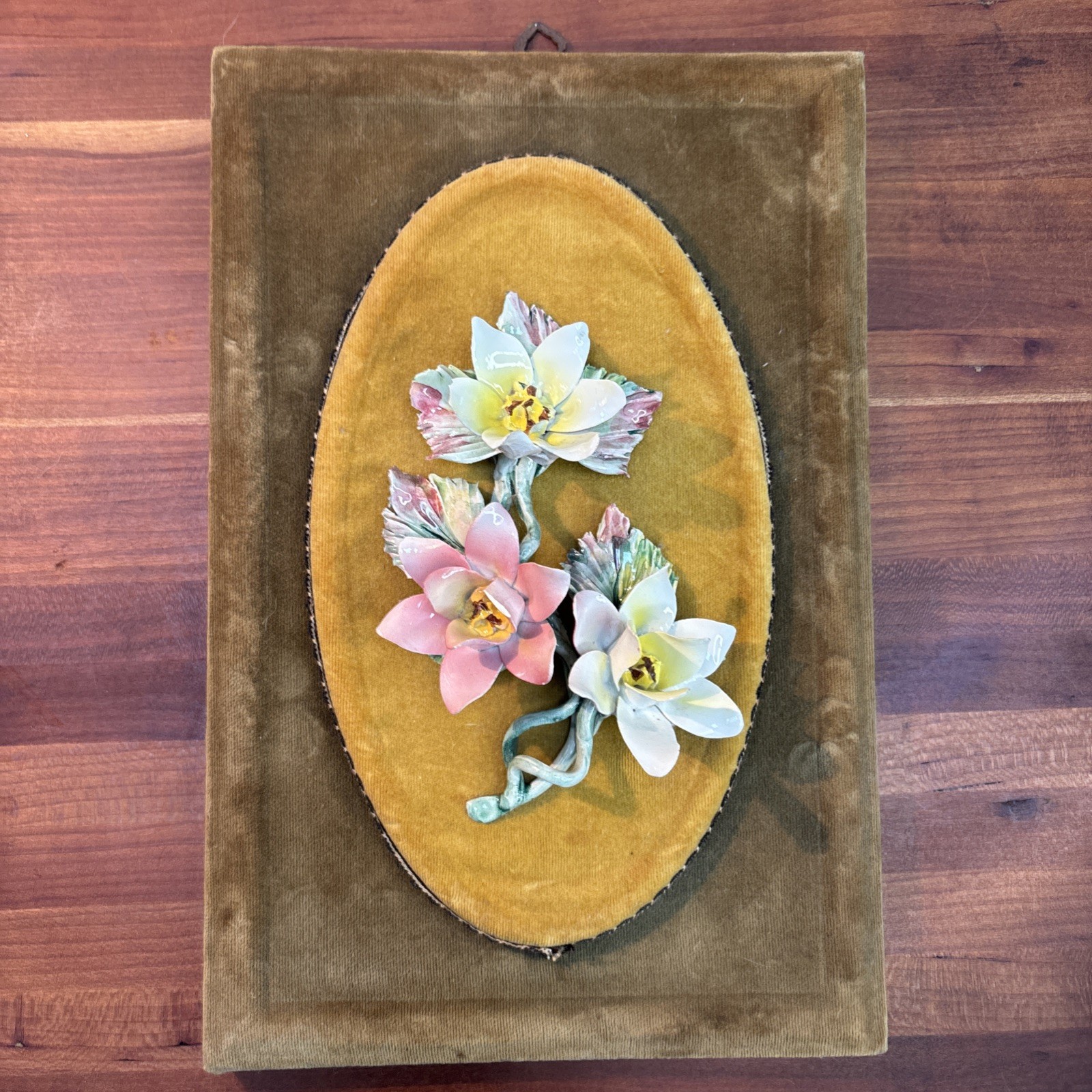 Italian Capodimonte Porcelain Flowers On Gold Velvet Wall Art