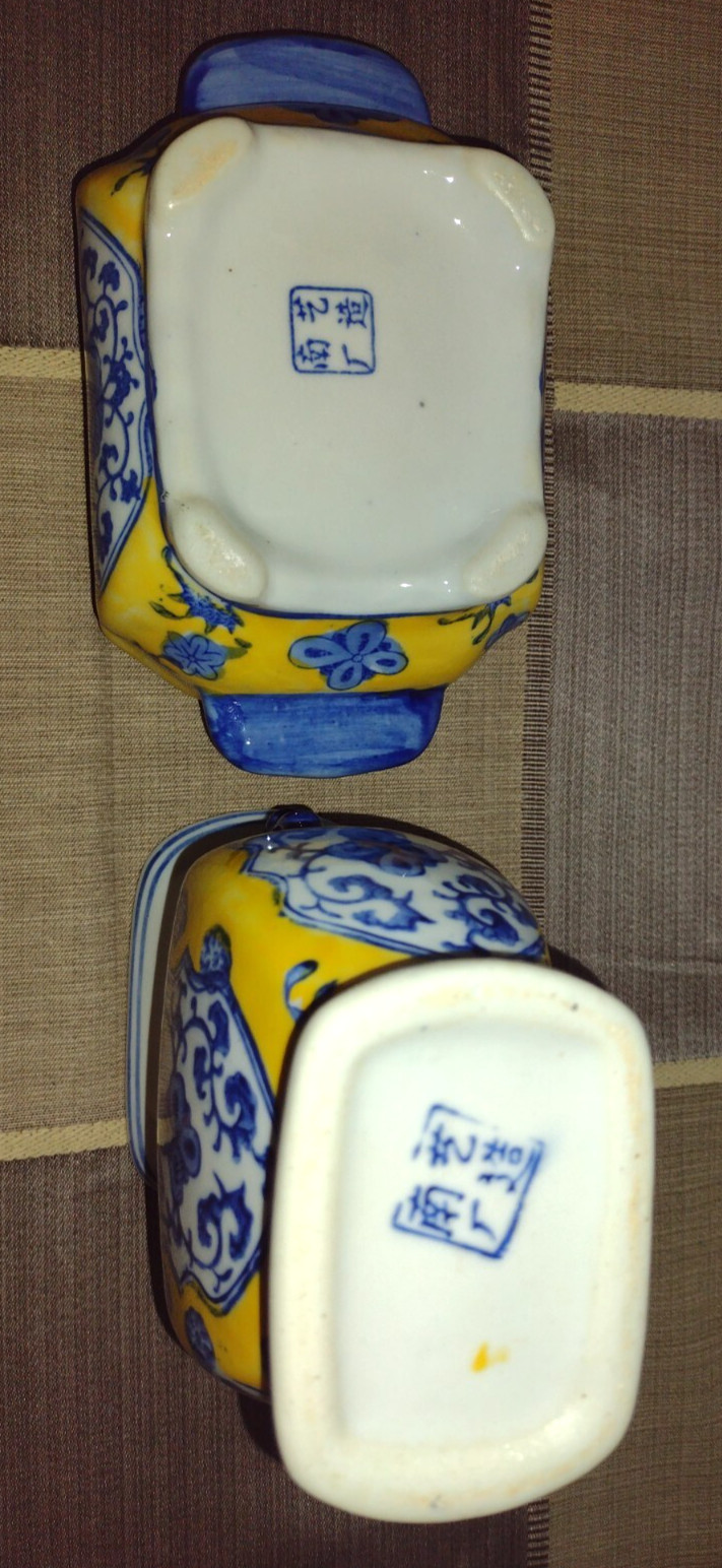 Vintage Blue Yellow Chinese Lidded Trinket Box & Double Handle Vase Makers Mark