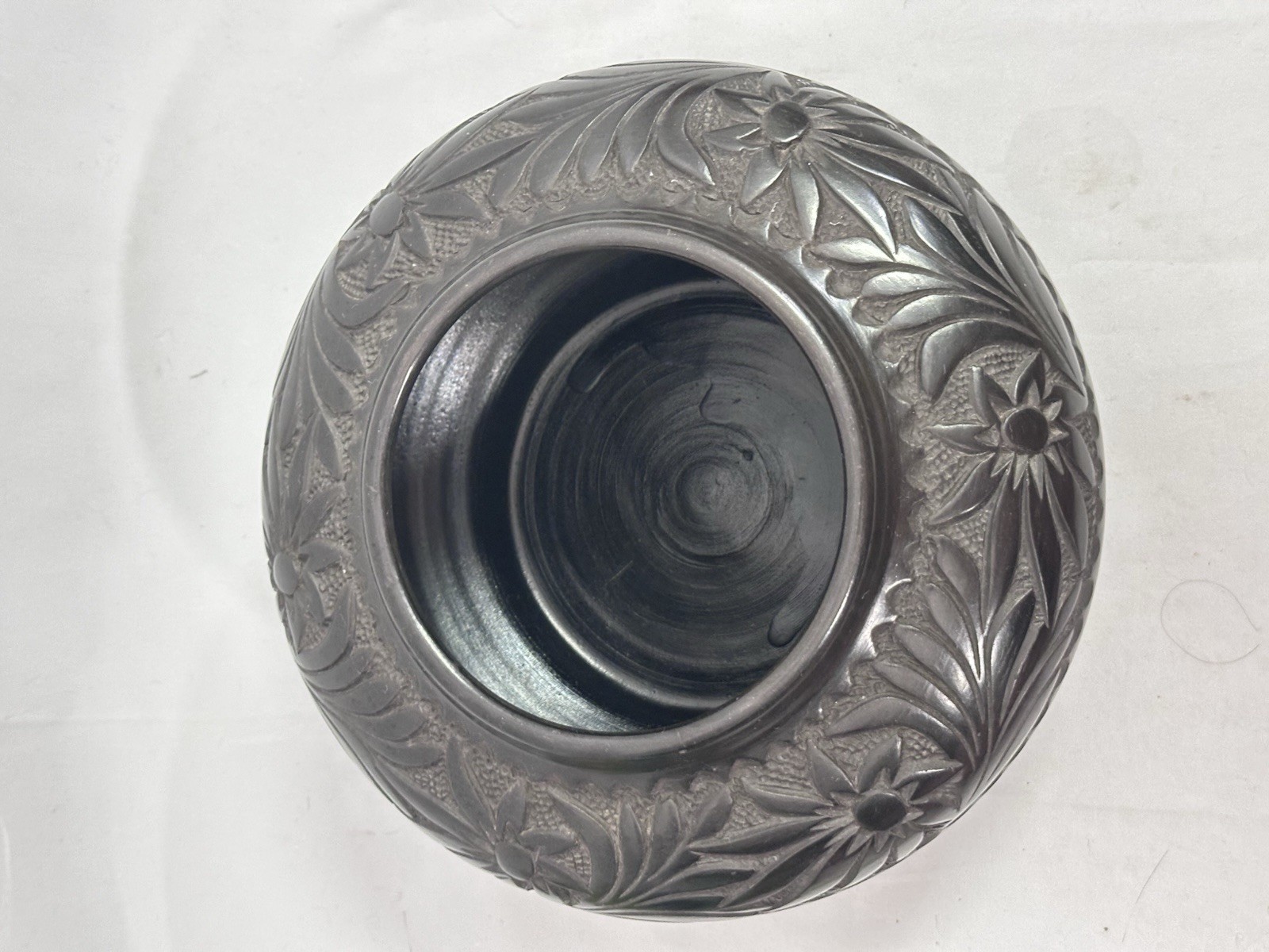 Vintage Romanian Marginea Black Pottery Bowl Hand Carved Floral Folk Art Signed