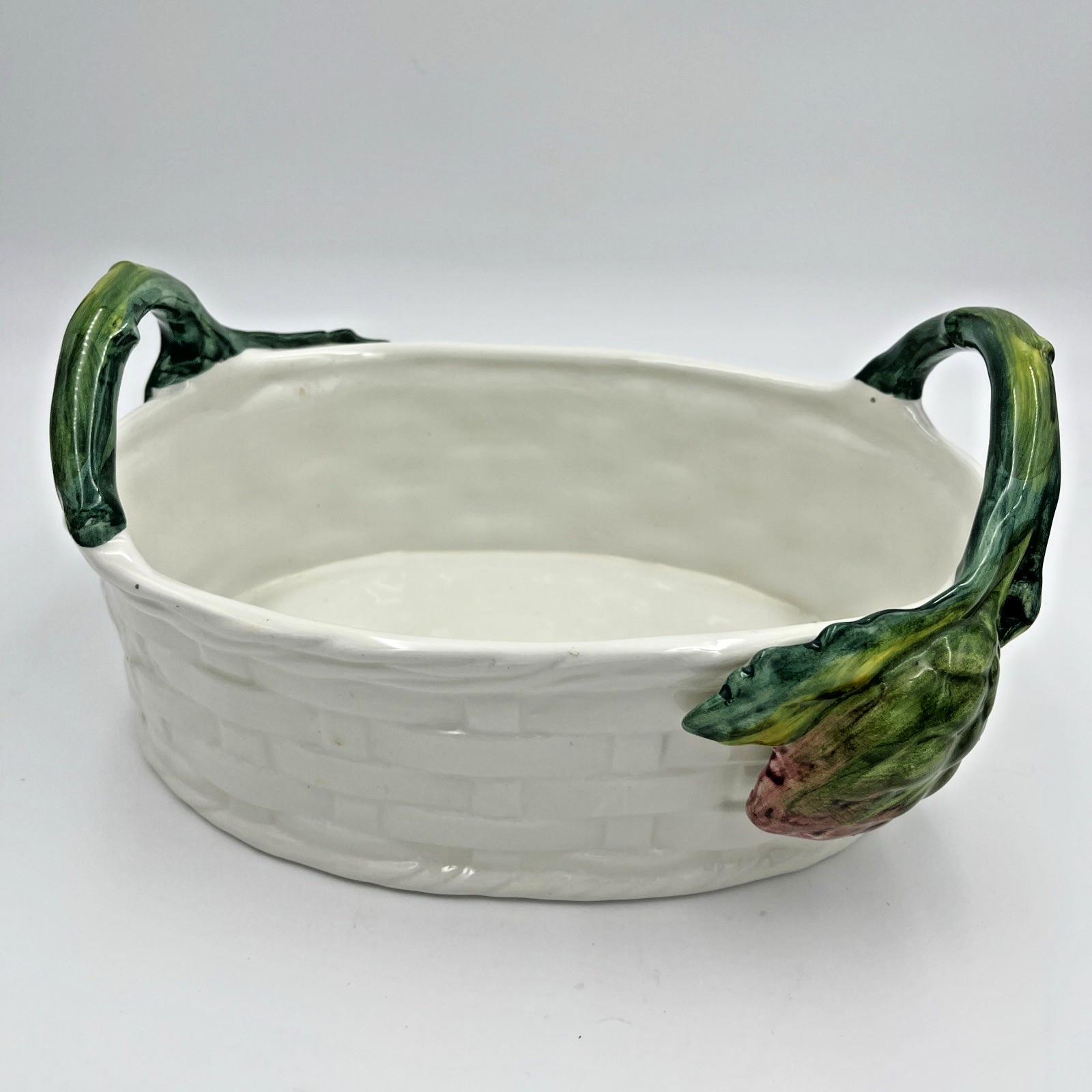 Hand Painted Italian Vietri White Woven Ceramic Oval Basket 12×8″ 3lb 10 oz
