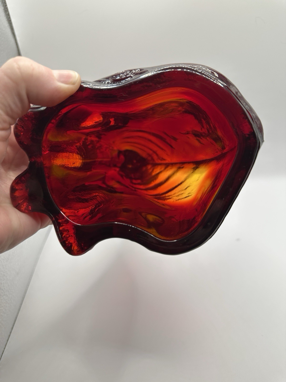 Fenton 11″ Ruby Red Amberina Fenton Alley Cat Cadmium Glow!!