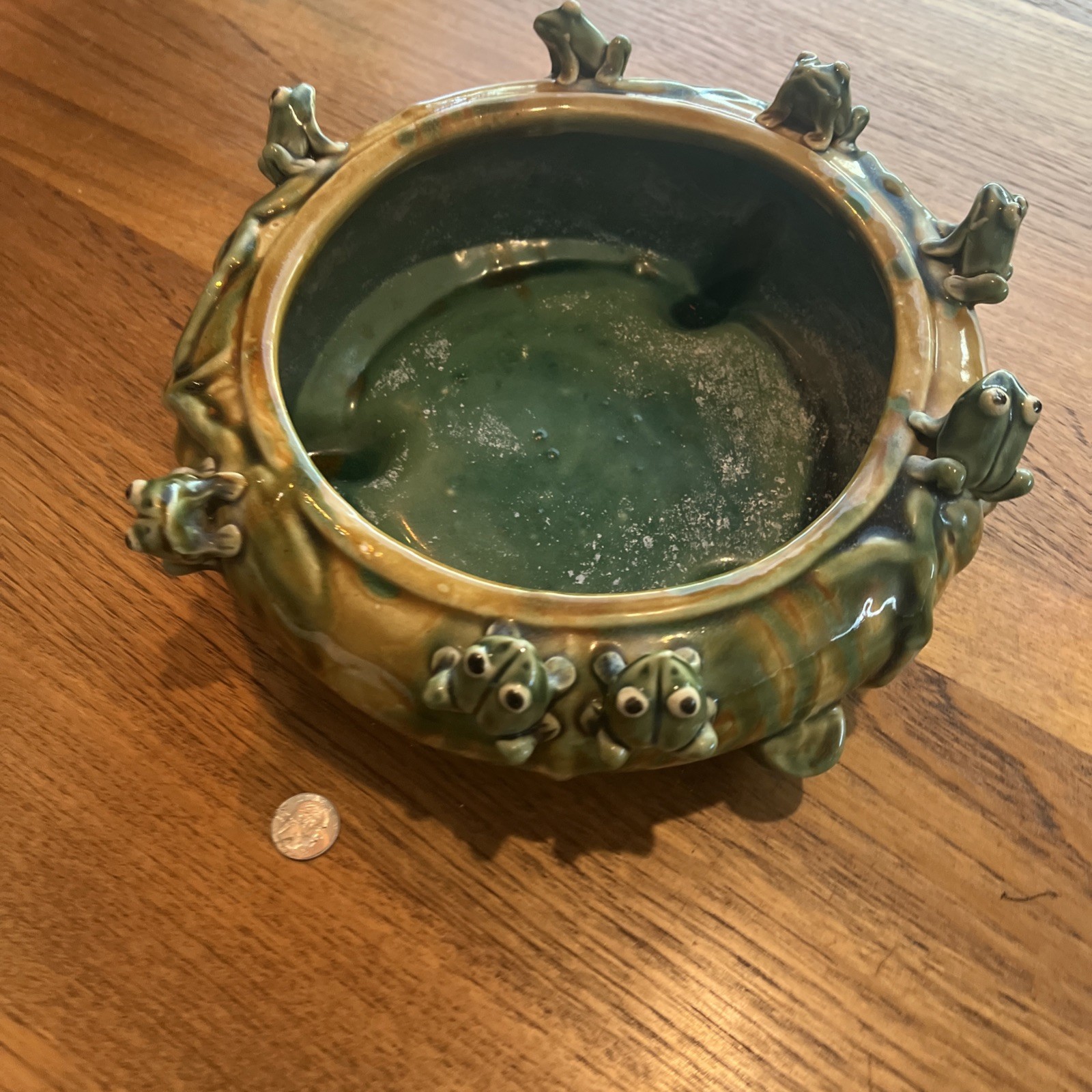 Vintage Majolica Style Glazed Bowl 8 Frog Large 13” Wide Mid-century
