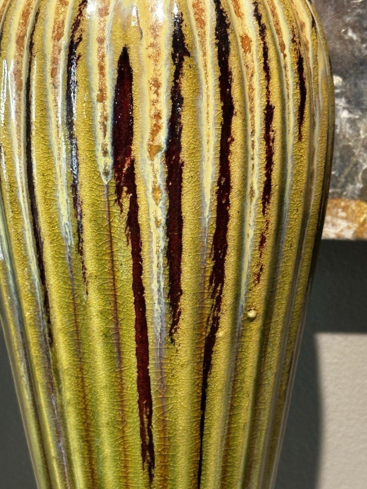 VTG MCM Studio Art Pottery Drip Glaze Fluted Vase 17.5″ Green/Rust
