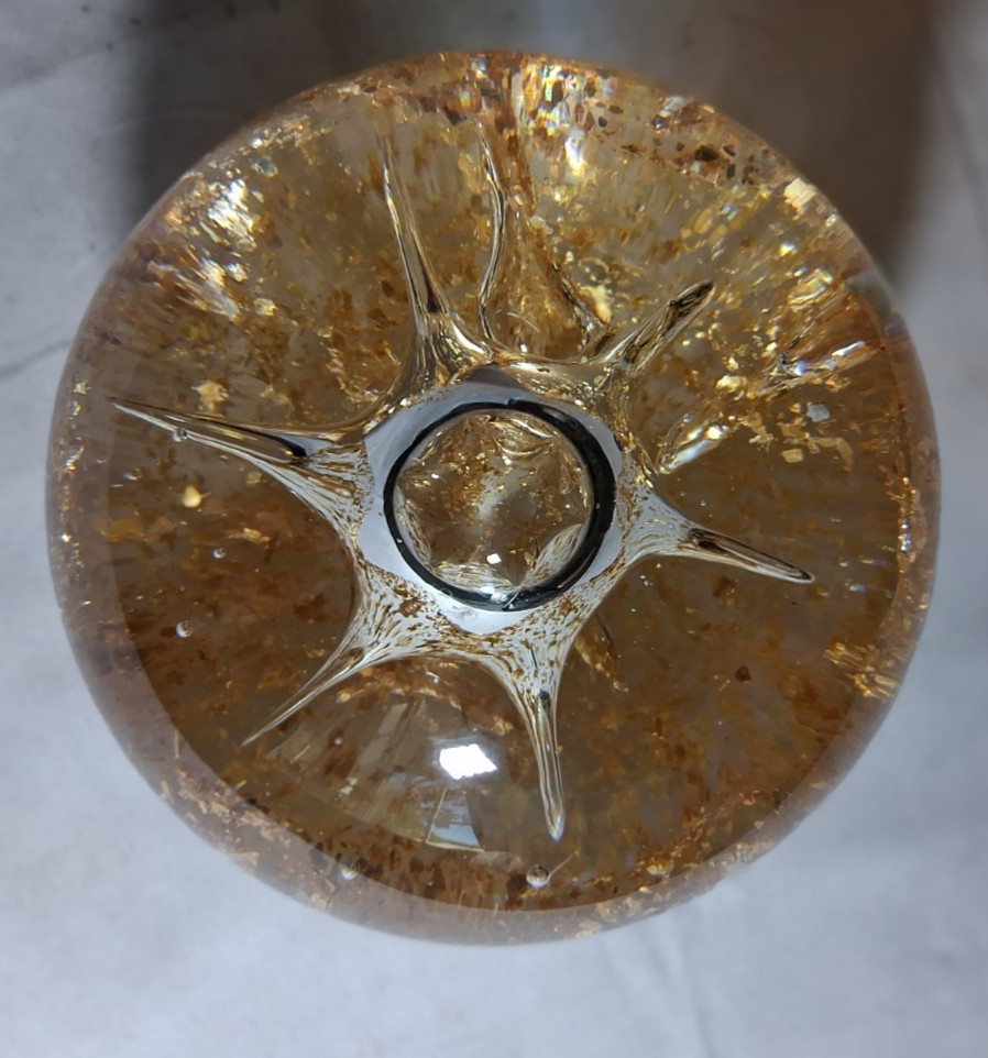 Art Glass Paperweight Clear Gold Flake Glitter Star Bubble 4″ 2.7 Pounds