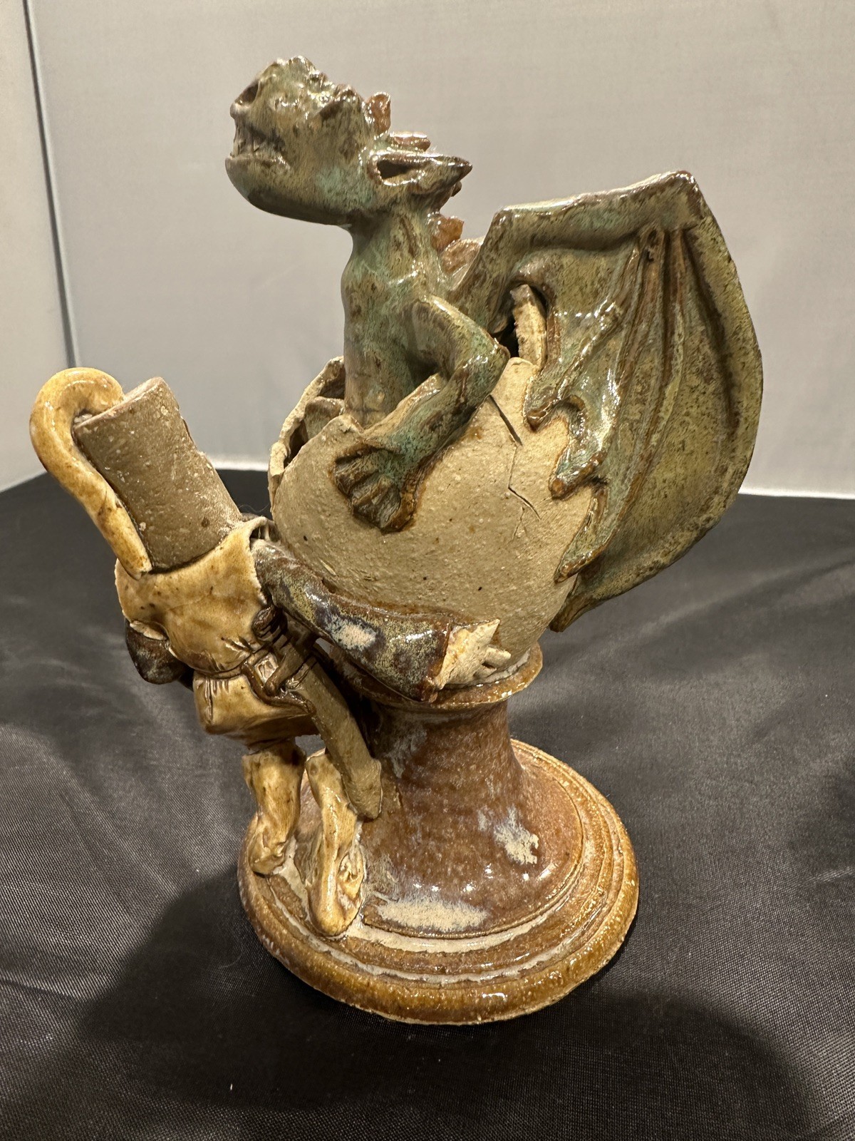 Gube Signed Art Pottery Stoneware Dragon Knight Figurine 1987 Folk Art
