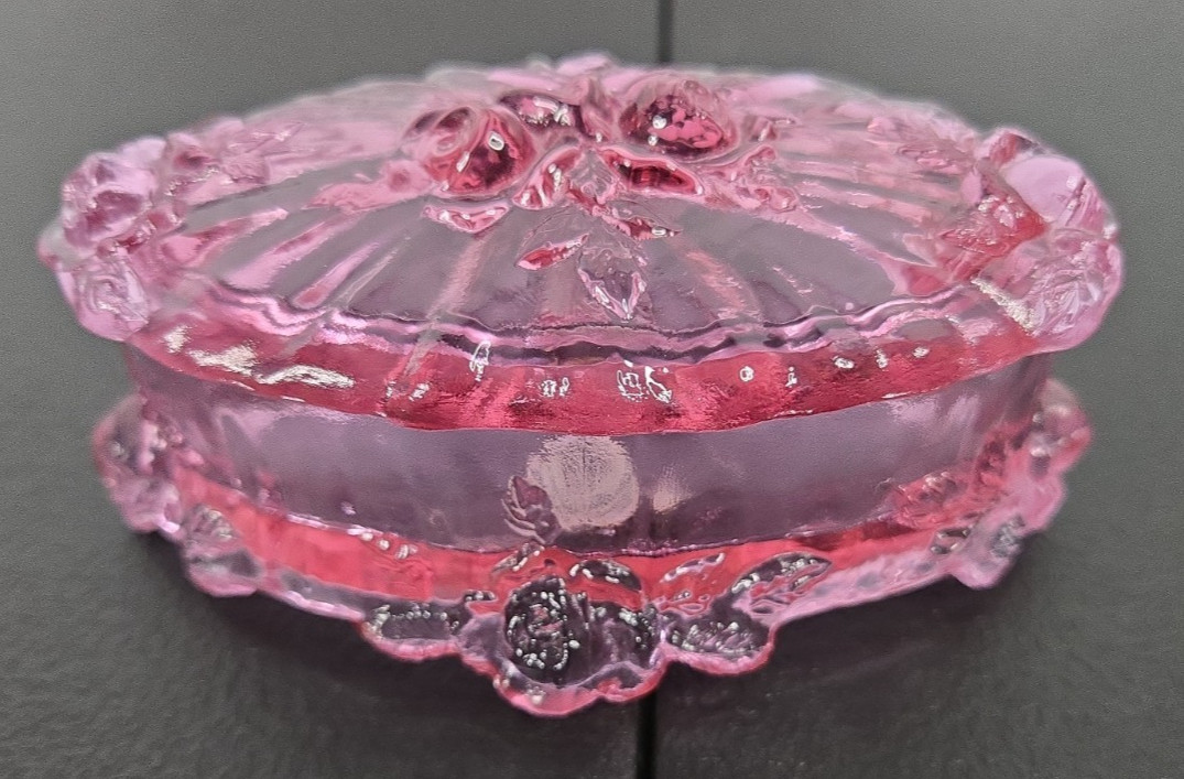 Vintage Fenton Soft Pink Cabbage Rose Footed Trinket Box