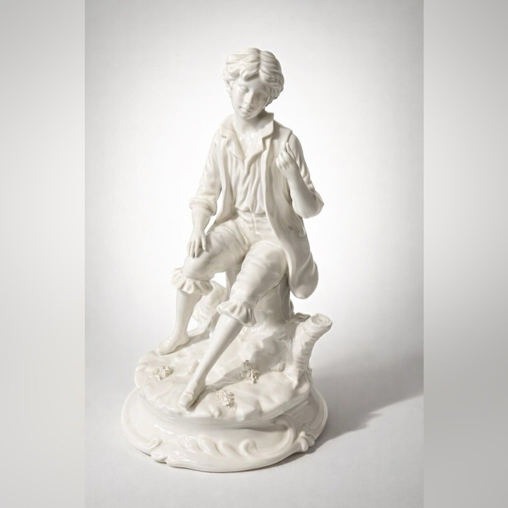 Vintage White Porcelain Figurine Seated Boy Statue – Made in Italy