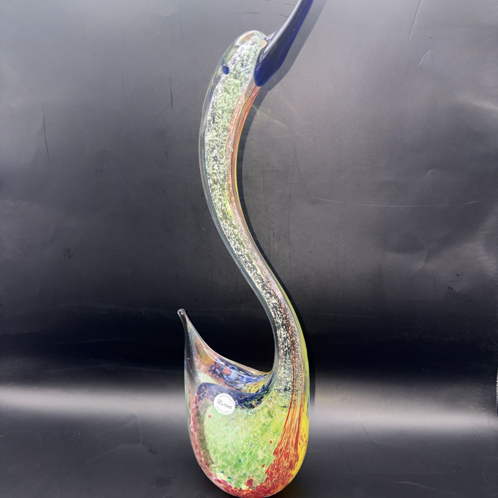 Two Murano Swans Standing At 14” Stunning Blue Green Red Pink And Gold Colors