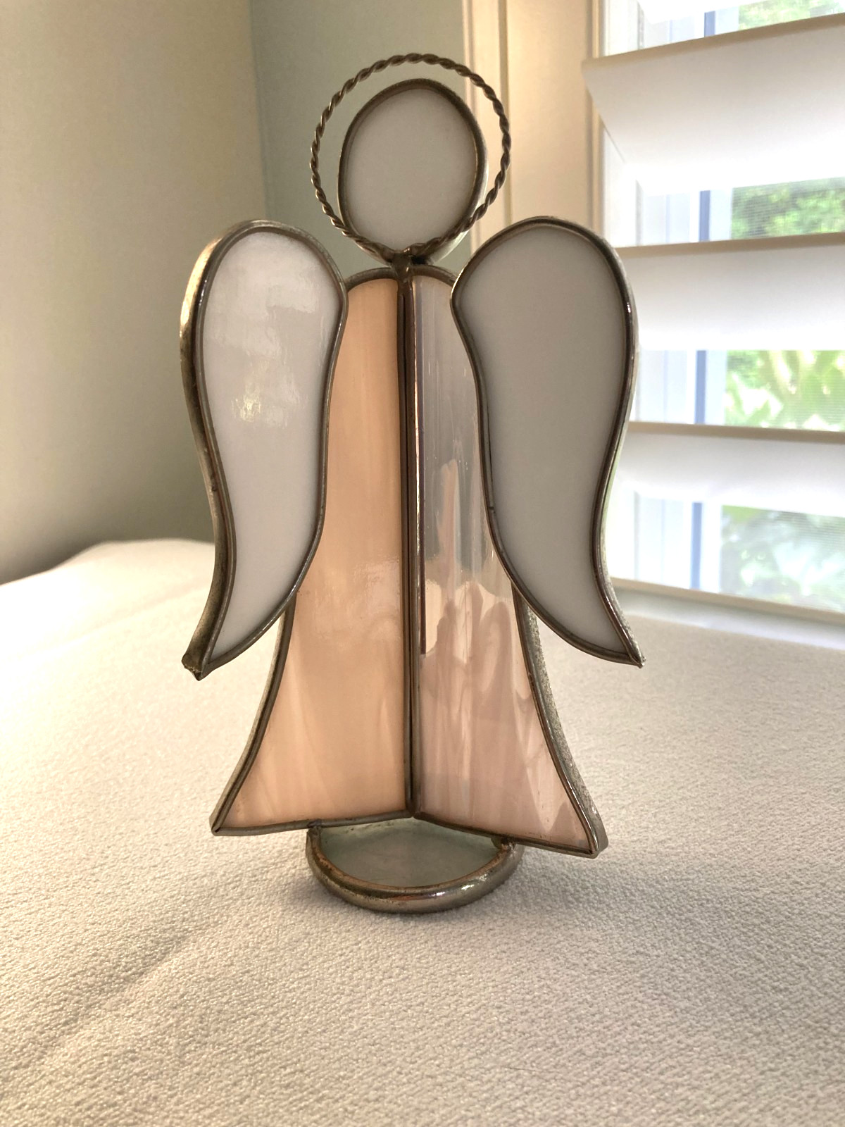 Stained Slag Glass Angel Figurine Pink Peach White 7″