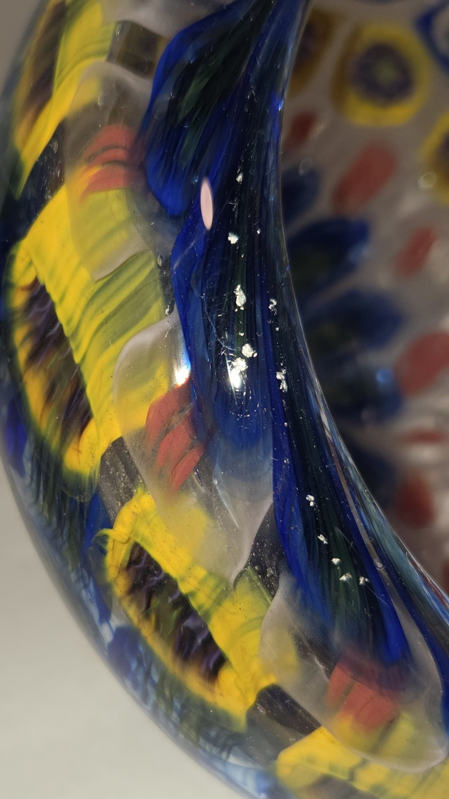 Art Glass Millefiori Vase Handmade Blue Yellow Flowers Red Thick Murano Style