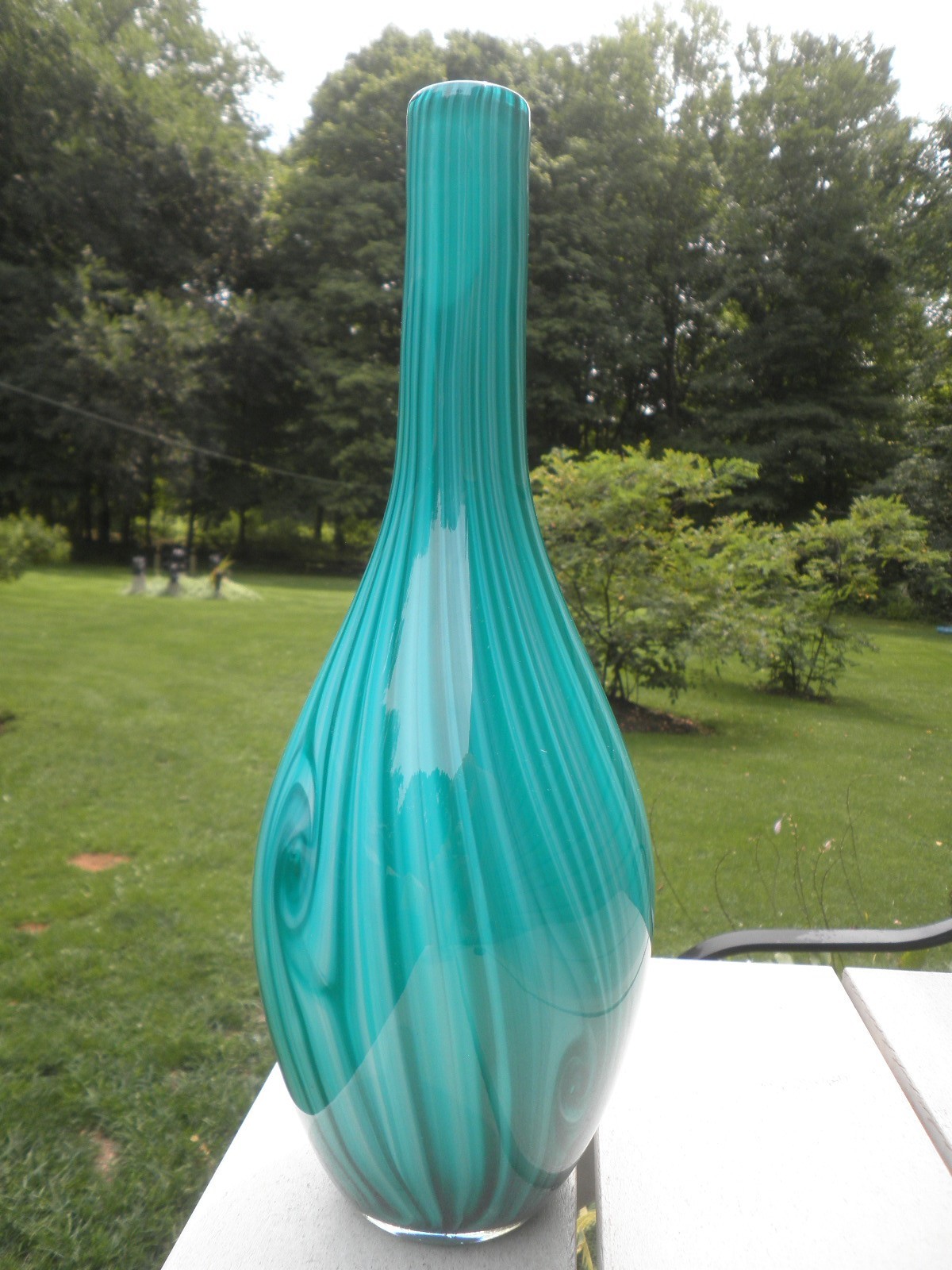 Vintage 16″ Tall Teal Blue & Green Swirled Art Glass Vase– Excellent Condition